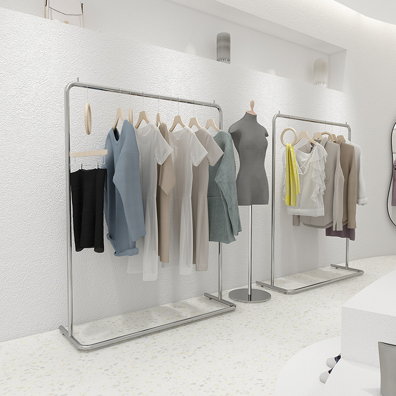 服装店展示架落地式衣架子不锈钢拉丝银色展示架挂衣架女装货架_虎窝淘