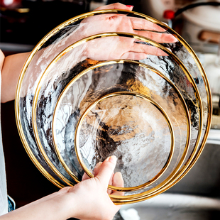 北欧金边水果盘子轻奢餐具创意套装 玻璃盘家用沙拉碗汤碗餐盘碟子