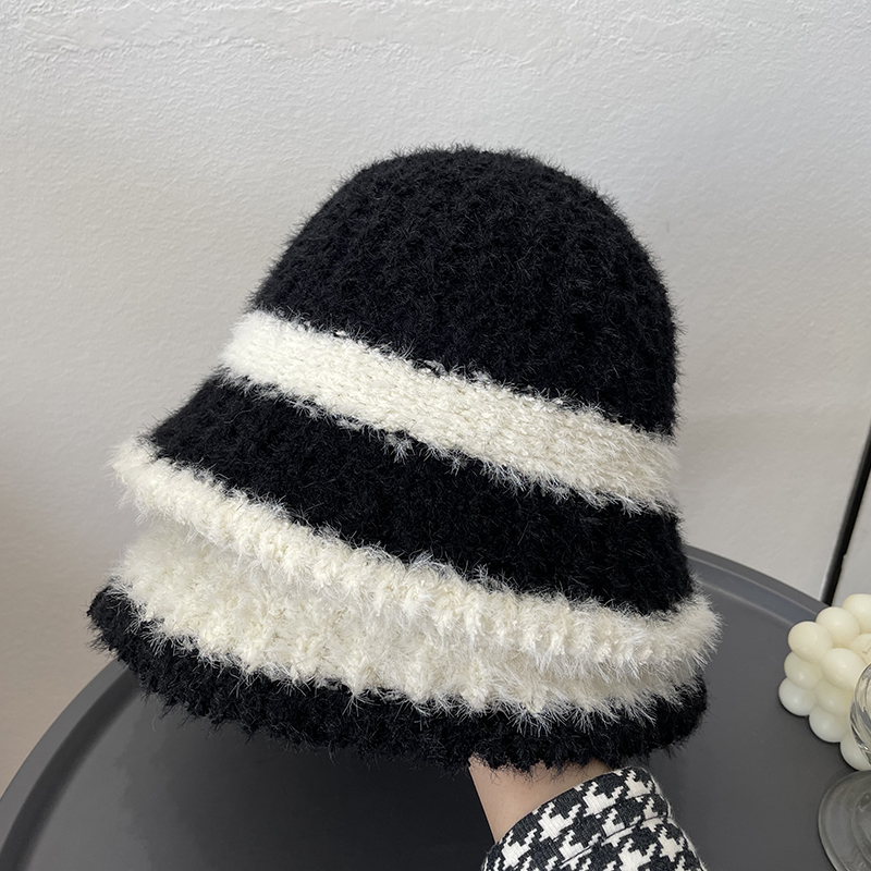 韩版粗条纹渔夫帽子女冬天优雅时尚百搭休闲出游保暖软糯拼色盆帽