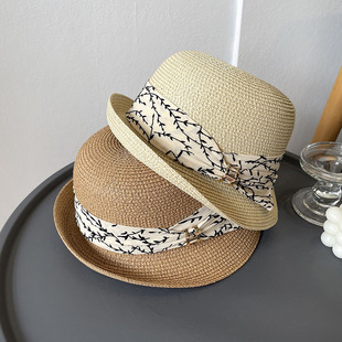 夏天卷边短檐草帽女H标时尚 优雅出游度假休闲圆顶防晒遮阳帽潮