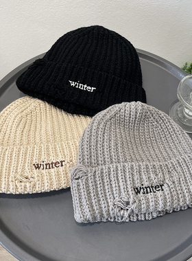 winter刺绣毛线帽子女秋冬时尚破洞设计潮流休闲百搭针织帽男