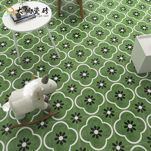 新款阳台绿色小花砖300x300民宿卫生间墙地砖老上海复古花片瓷砖