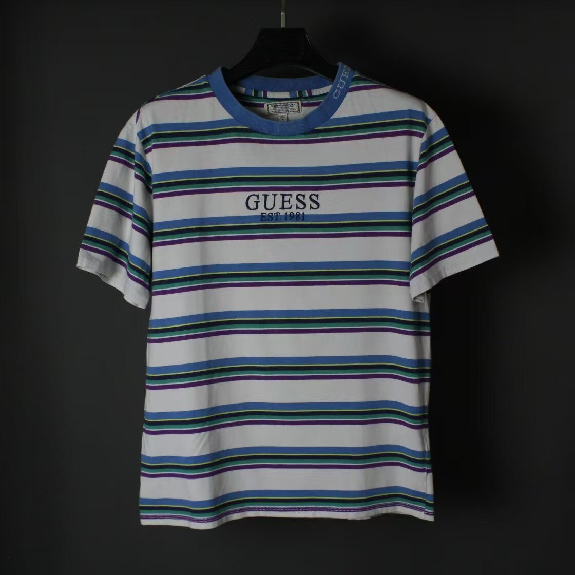 仰泳商店 Guess蓝白紫条纹复古刺绣短袖T恤vintage古着