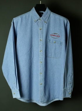 仰泳商店 LA LOVING橄榄球蓝色刺绣复古牛仔布衬衫vintage古着