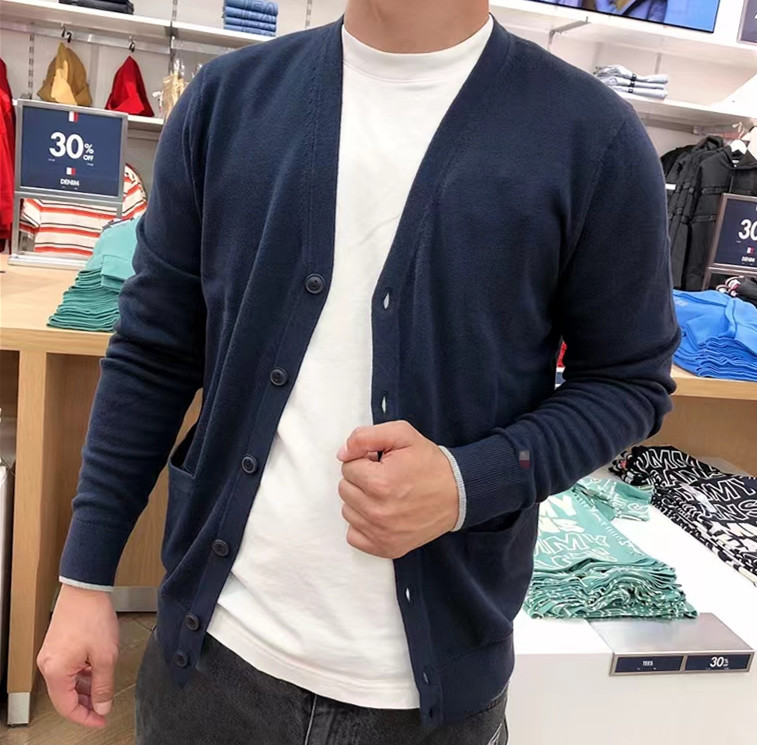 美系T家男女款秋冬藏青色时尚学院V领长袖羊毛开衫毛衣开襟衫