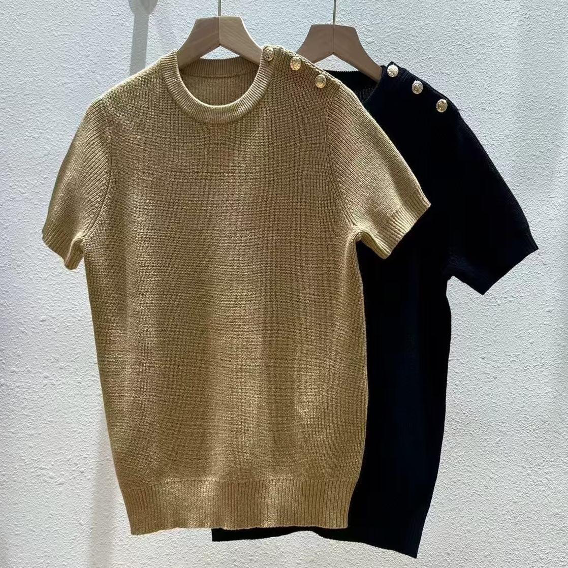拉女款经典小众金属光泽罗纹短袖休闲通勤毛衣针织衫