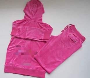 外贸女士橘子玫红色天鹅绒手工珠片修身运动健身套装休闲连帽卫衣