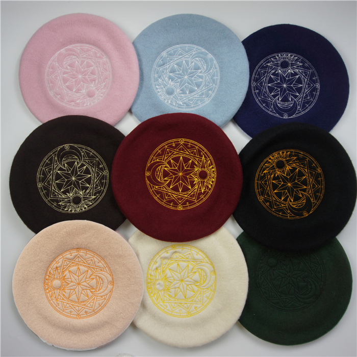 现货 羊毛秋冬季刺绣贝雷帽 魔卡少女樱魔法阵百变小樱烧饼帽子在类目 服饰配件/皮带/帽子/围巾, 帽子中 - 来自Buy2taobao.com提供专业的淘宝代购服务