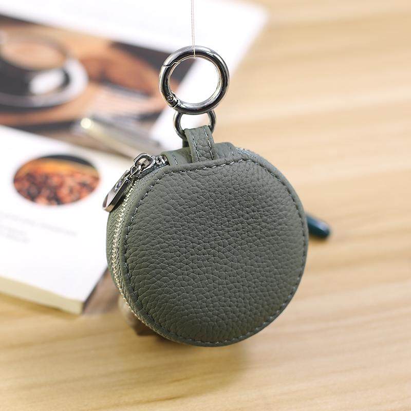 创意圆形钥匙包带镜子 头层牛皮精致迷你 高档化装包 耳机小挂包