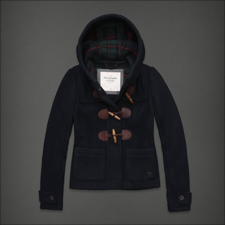 AF女毛呢外套牛角扣羊毛大衣深蓝色连帽短款