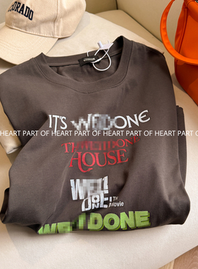 W家新款高克重霓虹logo弹幕白墨印花短袖T恤宽松男女同款半袖上衣