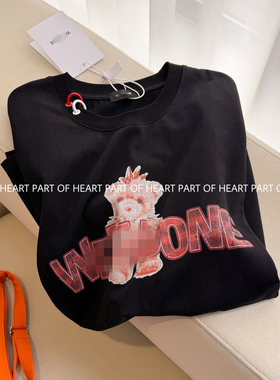 W家2026新款限定款格纹字母小熊短袖T恤白墨印花男女宽松半袖上衣