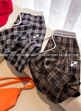 PART OF HEART春夏黑白格子垂感阔腿裤小个子高腰松紧休闲裤女潮