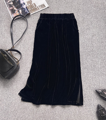 高端真丝丝绒两侧开叉半身裙