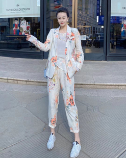 欧洲站2026季新款休闲洋气花色亚麻西装外套+休闲裤套装女三色