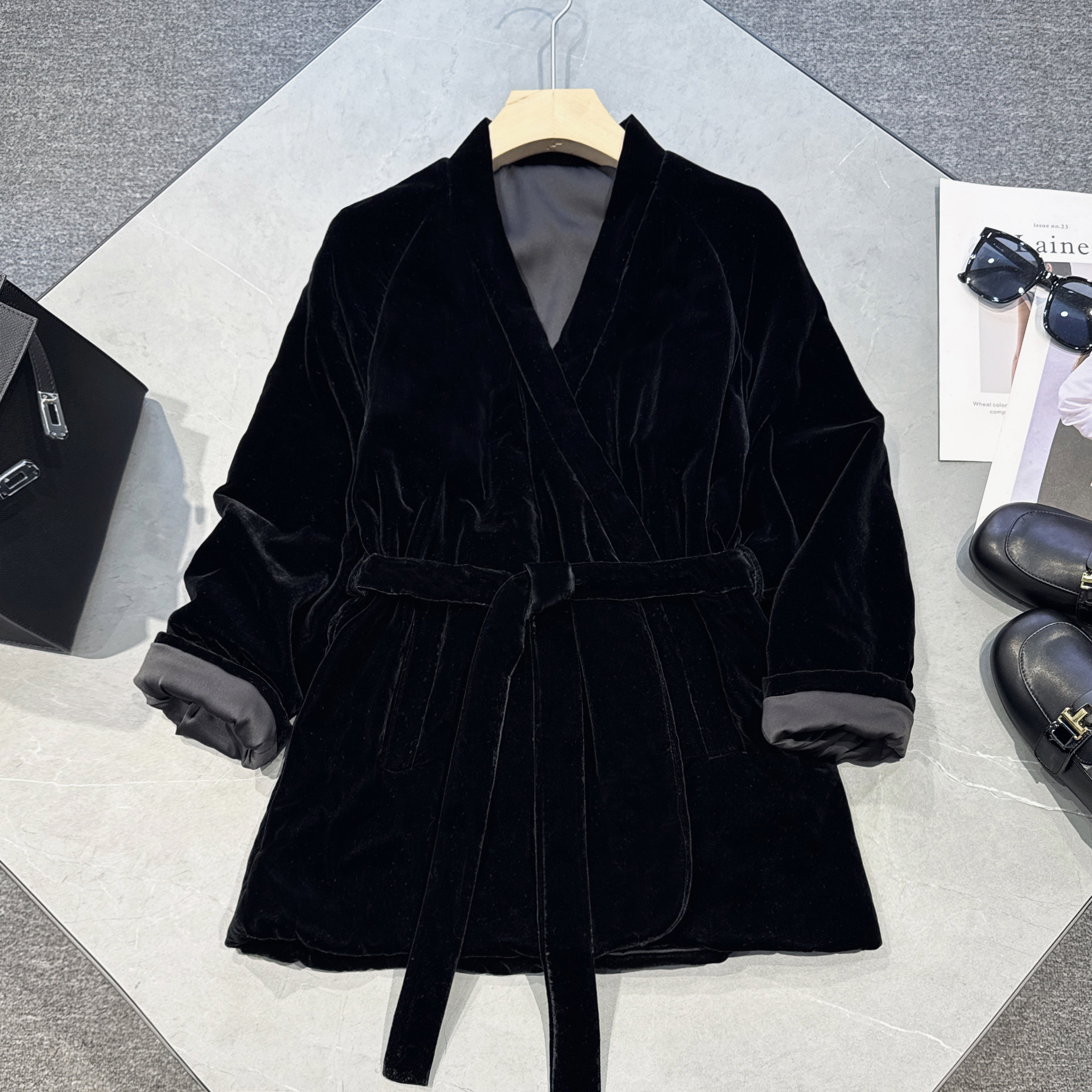 欧洲站2026秋冬新款休闲宽松汉服式真丝绒棉衣棉服收腰外套女