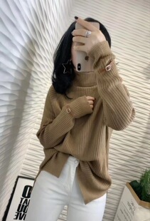 欧洲站秋冬新款休闲宽松中长款慵懒风羊绒针织高领大毛衣女