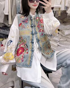 欧洲站2026春新款 国潮民族风重工刺绣牛仔马甲女 中式