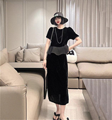 欧洲站2025新款 休闲甜美荷叶边真丝丝绒T恤衫 半身长裙两件套套裙