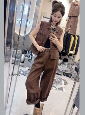 欧洲站2026秋新款休闲宽松牛仔机车马甲+休闲哈伦裤两件套套装女