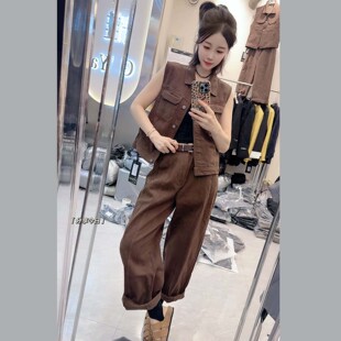 欧洲站2026秋新款休闲宽松牛仔机车马甲+休闲哈伦裤两件套套装女