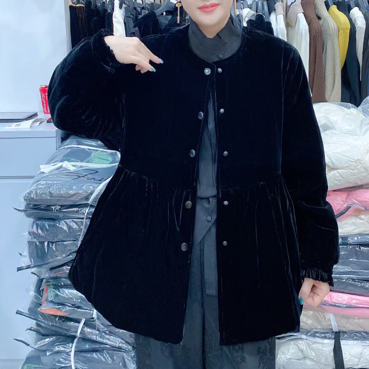 欧洲站2025新款休闲宽松韩版娃娃服式真丝丝绒棉衣棉服外套女