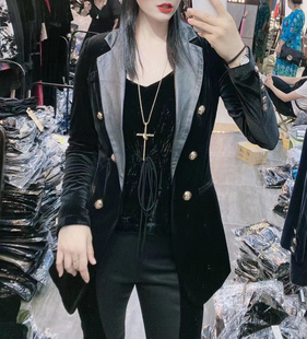 欧洲站2025新款时尚气质真皮西装领金扣修身显瘦金丝绒外套女