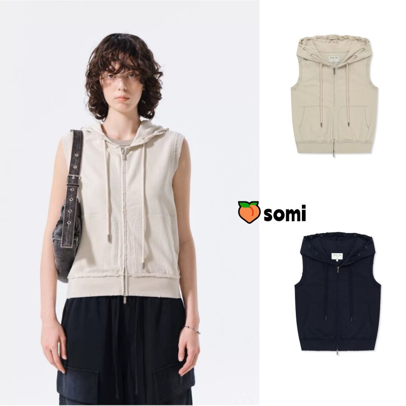 somi家直邮~Matin Kim 26春夏新款英文背标仿旧边连帽开衫马甲7