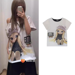somi家 韩国直邮coyseio联名blythe数码娃娃斜肩短袖宽松T恤上衣