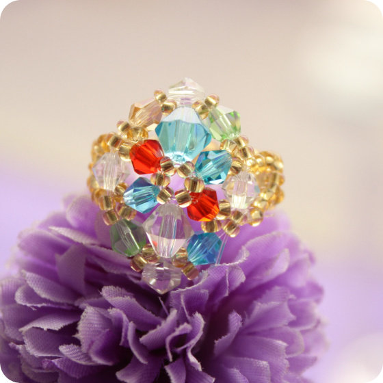 捷克水晶手编戒指 水晶串珠戒指厂家直销 地摊货源  太阳花