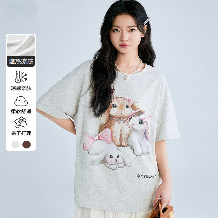 【商场同款】韩系油画小兔宽松短袖2025夏季新款印花T恤C1CNF2203