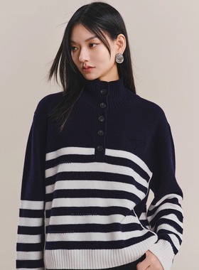 商场同款25冬季款女装半高领经典条纹翻领针织衫A1EEF4338