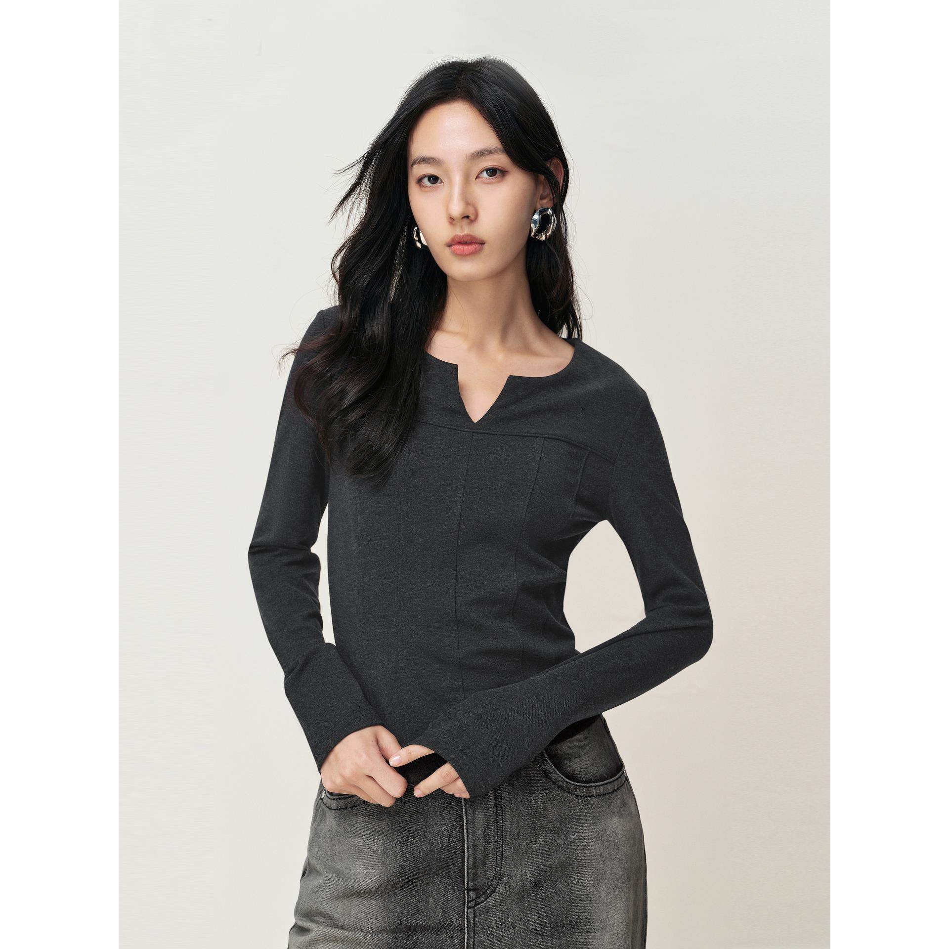 【商场同款】2025冬季新款百搭不规则领口修身长袖T恤女A3CPF4619