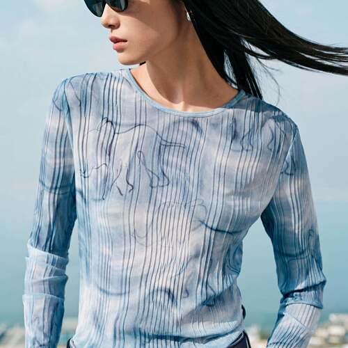 商场同款26夏装新款女装海浪小象纹样压褶工艺时尚上衣A3CDG2329