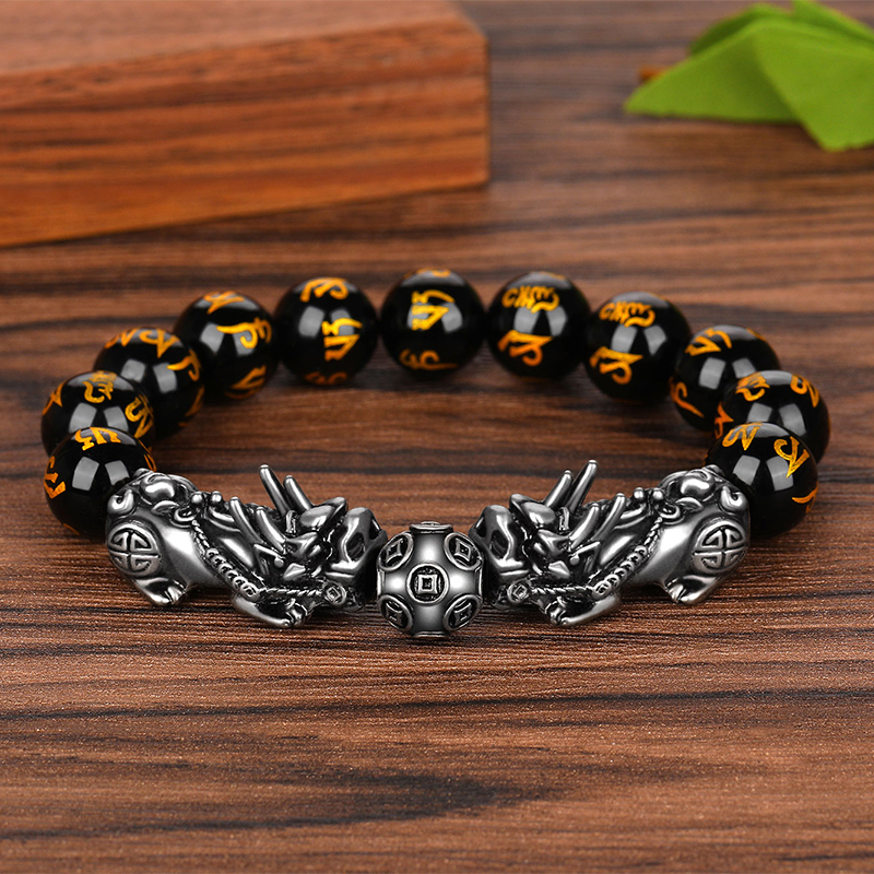 天然黑曜石真言男士手串