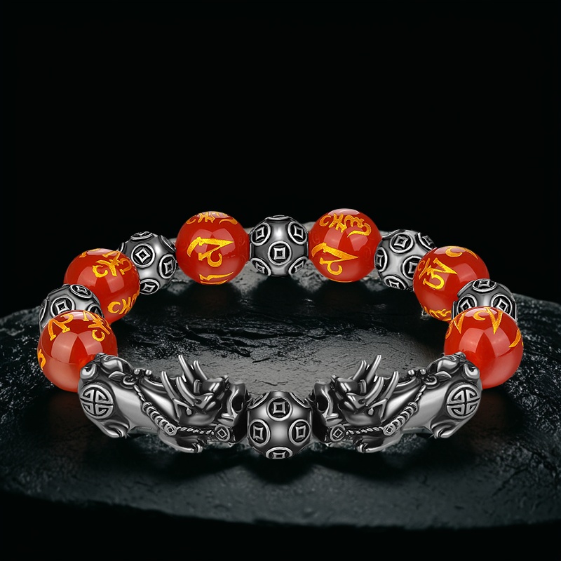 天然红玛瑙烫金真言手链