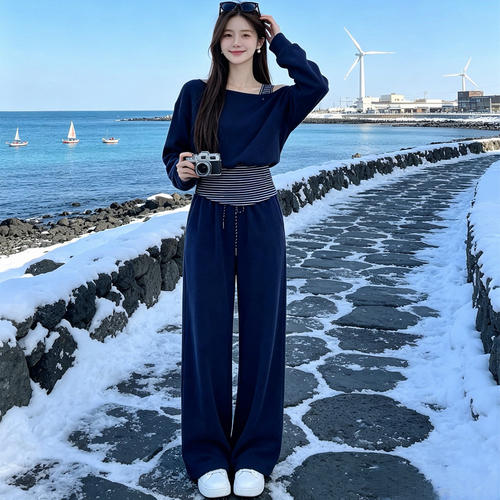 深蓝色阔腿裤女休闲慵懒风套装女两件套宽松显瘦减龄运动穿搭长裤