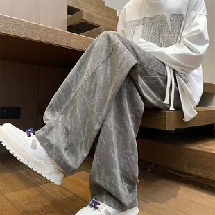 男款 扎染重磅燈芯絨褲 子男春夏潮牌痞帥闊腿長(zhǎng)褲 寬松直筒休閑衛(wèi)褲