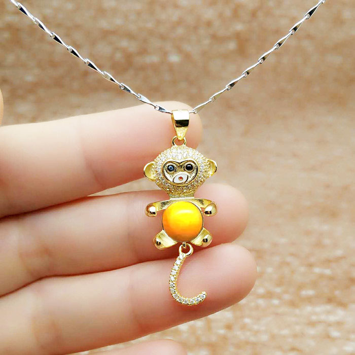 925银9mm10mm生肖吊坠空托猴子圆珠吊坠托项链坠托DIY蜜蜡配件