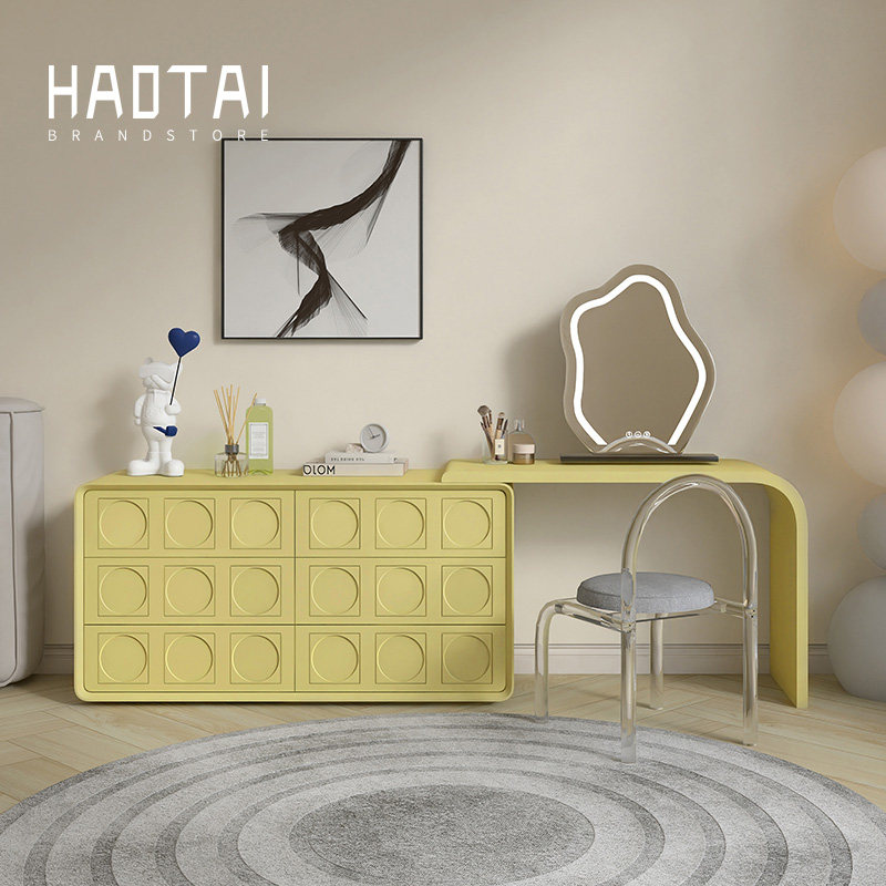 全实木烤漆梳妆台法式中古诧寂风伸缩斗柜一体化妆桌现代储物柜