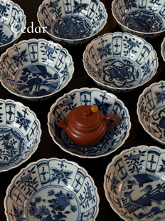 “亏米出！售完无补”景德镇手绘薄胎仿古青花壶承米饭碗12*4cm