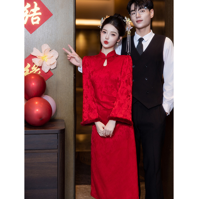 冬季敬酒服新娘加绒加厚新中式长袖红色旗袍结婚提花订婚礼服秋冬