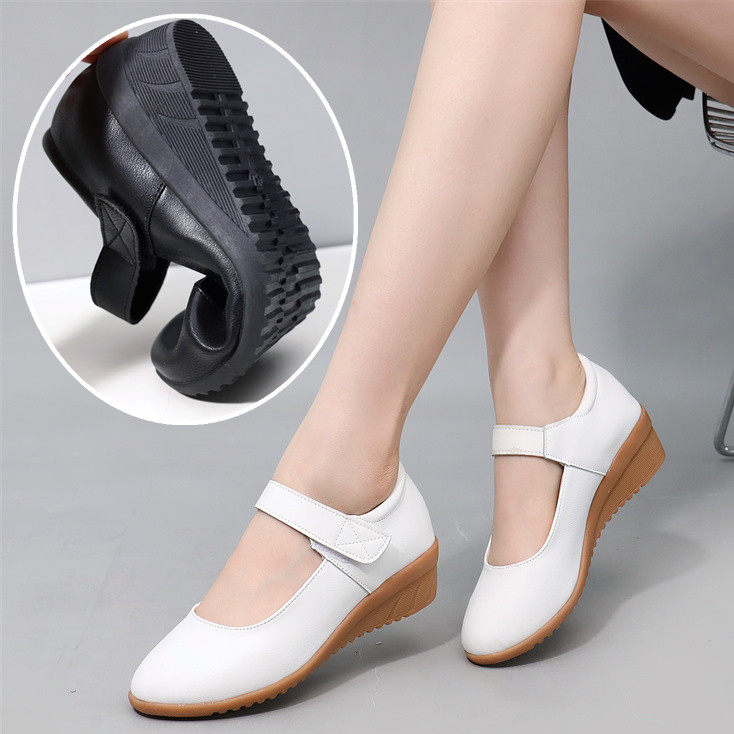 春秋单鞋白色护士鞋浅口圆头坡跟中老年纯色软底平底妈妈鞋舞蹈鞋