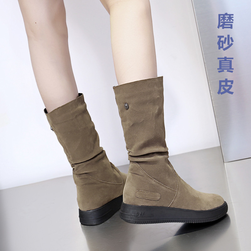 磨砂真皮堆堆靴复古中筒靴西部靴