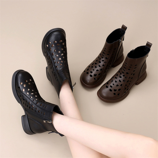 镂空短靴女款夏季透气凉靴中跟妈妈鞋软皮软底洞洞凉鞋防滑大码41
