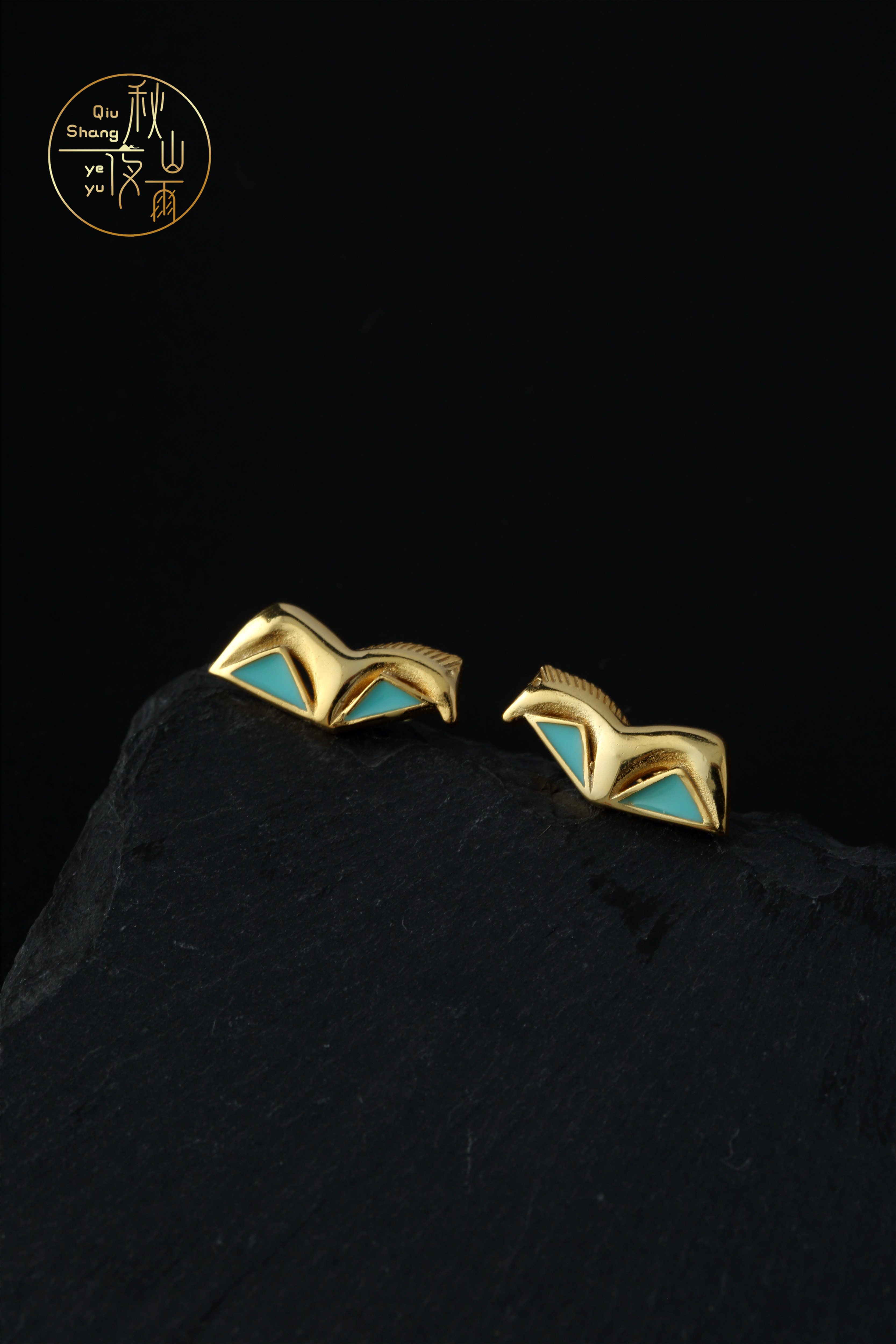 秋山夜雨 唐代复原衍生马形耳钉耳饰银镀金珐琅汉服首饰仿绿松