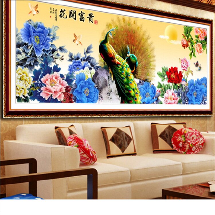 2026钻石画富贵花开孔雀牡丹图简约现代十字绣套件贴钻客厅办公室