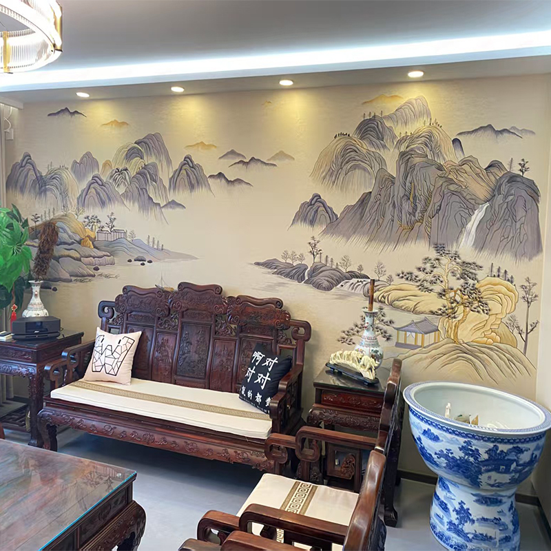 彩金线独绣新款独秀刺绣无缝壁布悠然山居客厅沙发背景墙布新中式