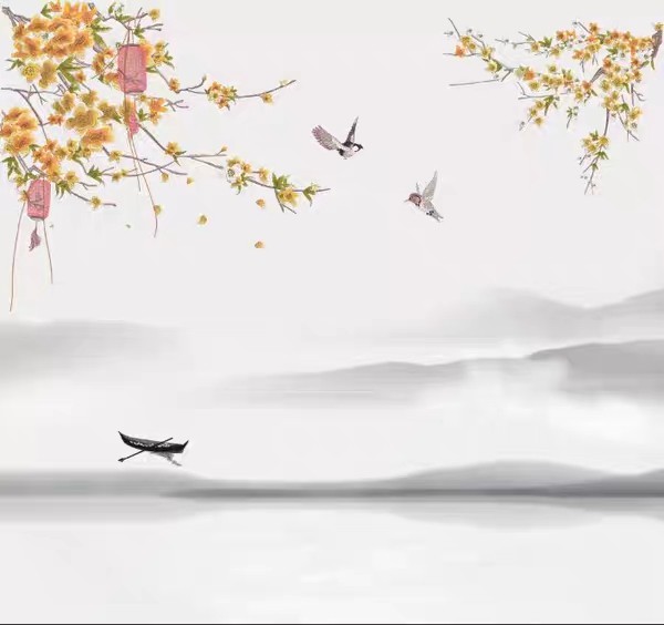 刺绣独绣背景银杏叶墙布壁布背景墙家用装饰新中式简约电视墙纸壁