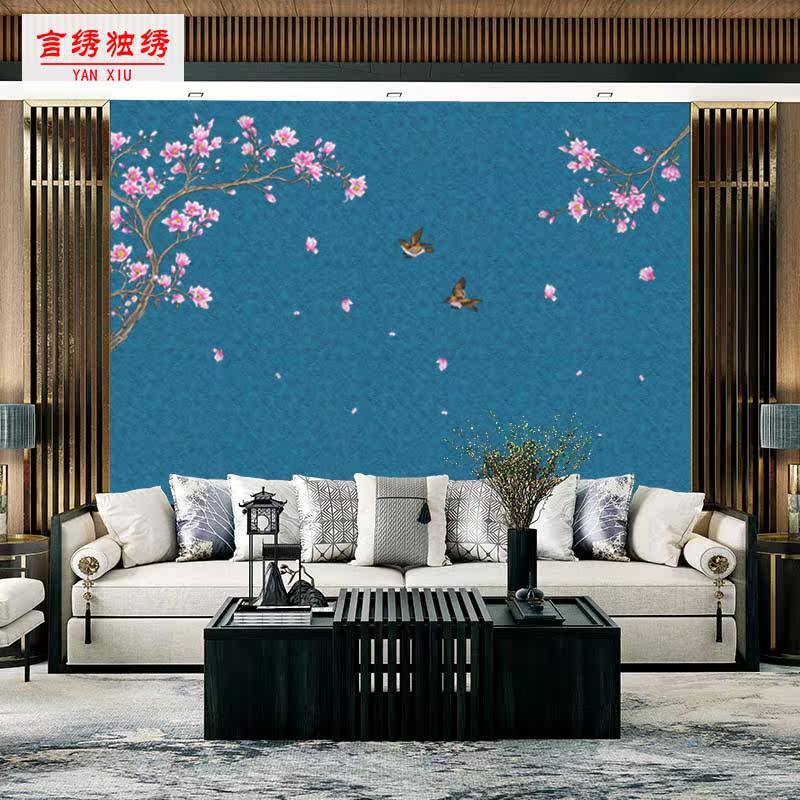 言绣客厅刺绣新中式独绣墙布新品